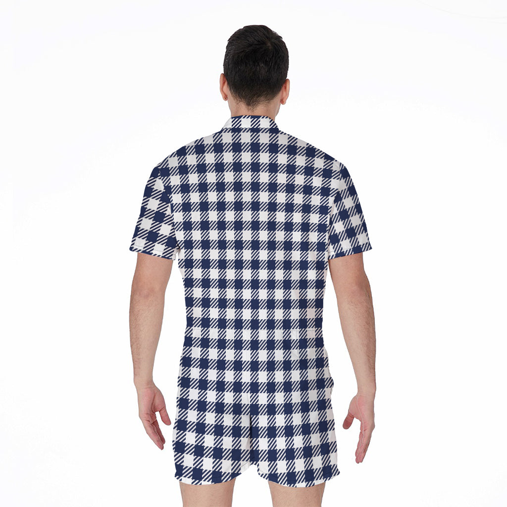Navy And White Gingham Pattern Print Men's Rompers