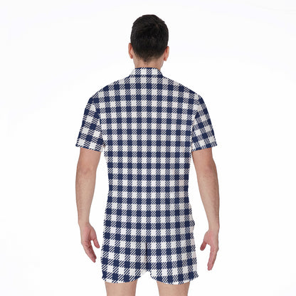Navy And White Gingham Pattern Print Men's Rompers