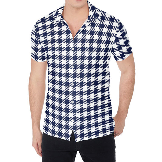Navy And White Gingham Pattern Print Men's Shirt