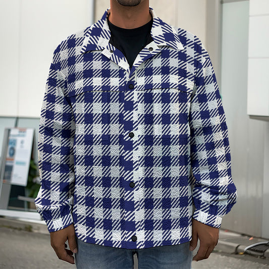 Navy And White Gingham Pattern Print Men's Shirt Jacket