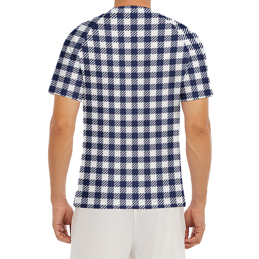 Navy And White Gingham Pattern Print Men's Short Sleeve Rash Guard