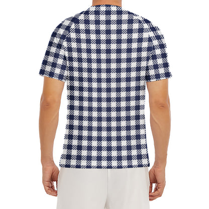 Navy And White Gingham Pattern Print Men's Short Sleeve Rash Guard