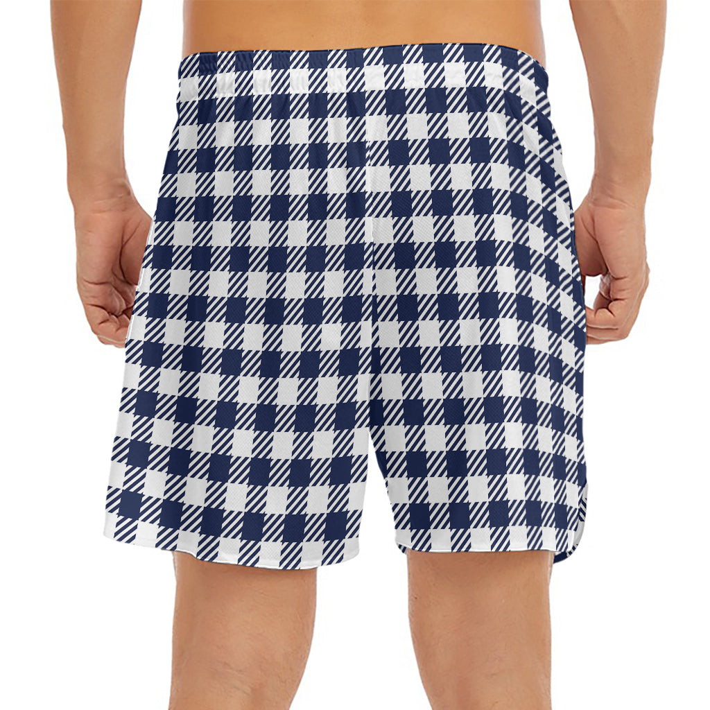 Navy And White Gingham Pattern Print Men's Split Running Shorts