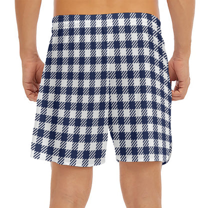 Navy And White Gingham Pattern Print Men's Split Running Shorts