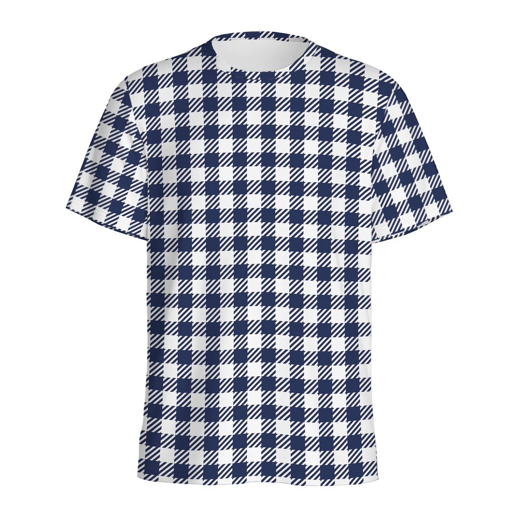 Navy And White Gingham Pattern Print Men's Sports T-Shirt