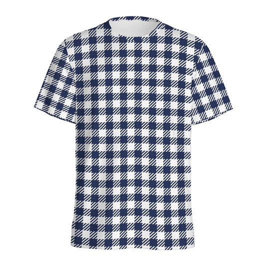 Navy And White Gingham Pattern Print Men's Sports T-Shirt