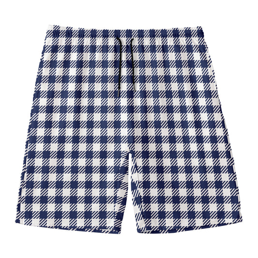 Navy And White Gingham Pattern Print Men's Swim Trunks