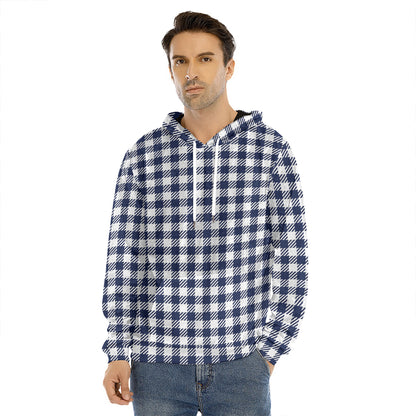 Navy And White Gingham Pattern Print Men's Velvet Pullover Hoodie