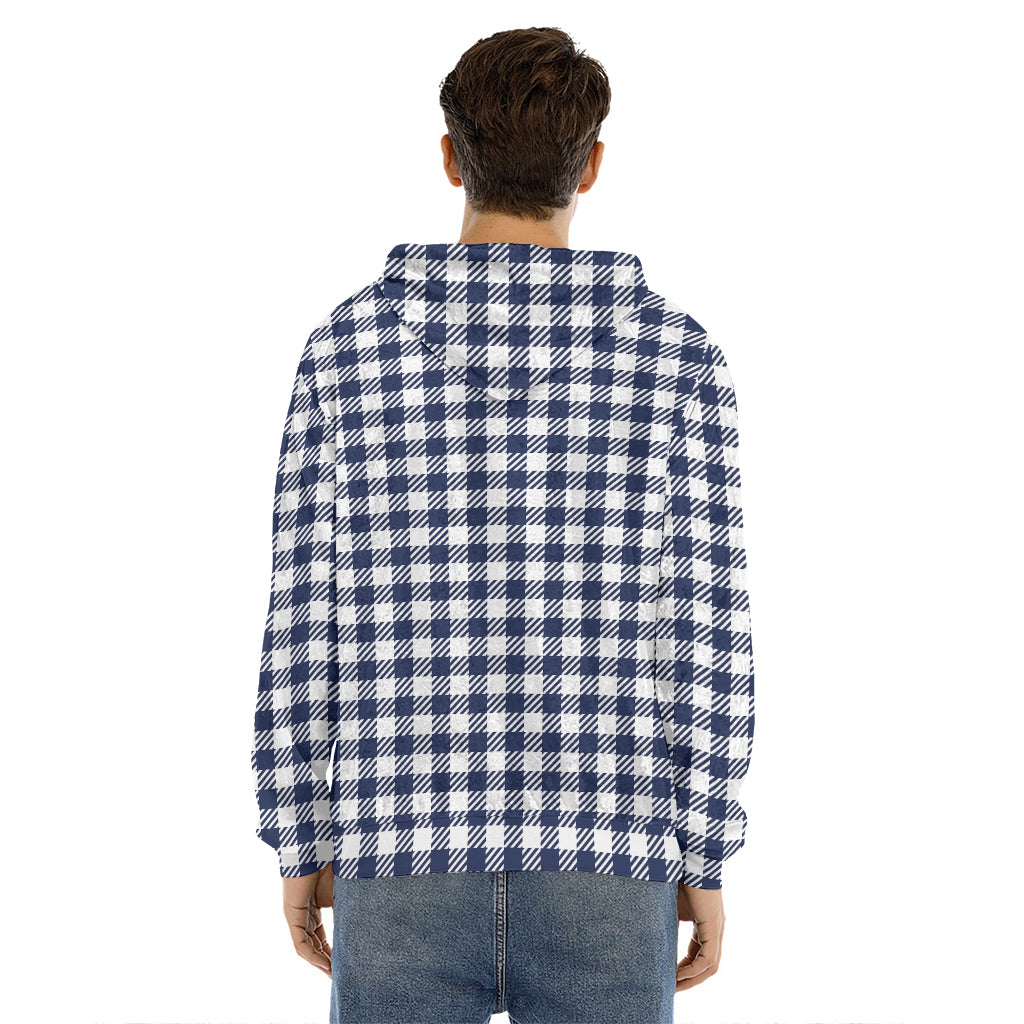 Navy And White Gingham Pattern Print Men's Velvet Pullover Hoodie