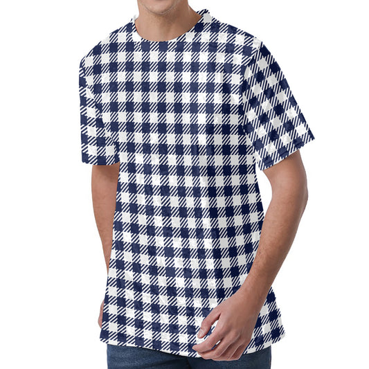 Navy And White Gingham Pattern Print Men's Velvet T-Shirt