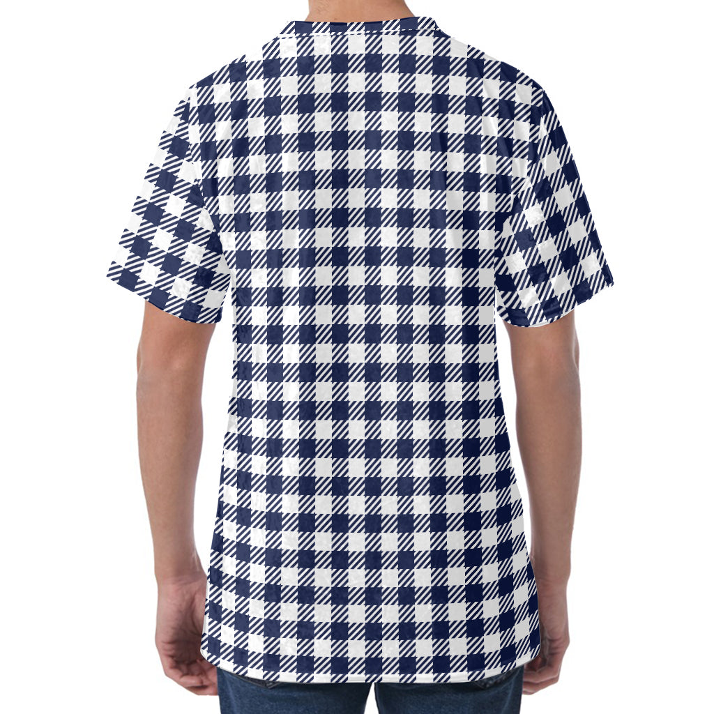 Navy And White Gingham Pattern Print Men's Velvet T-Shirt