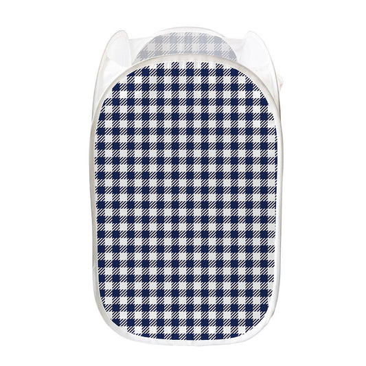 Navy And White Gingham Pattern Print Mesh Laundry Hamper