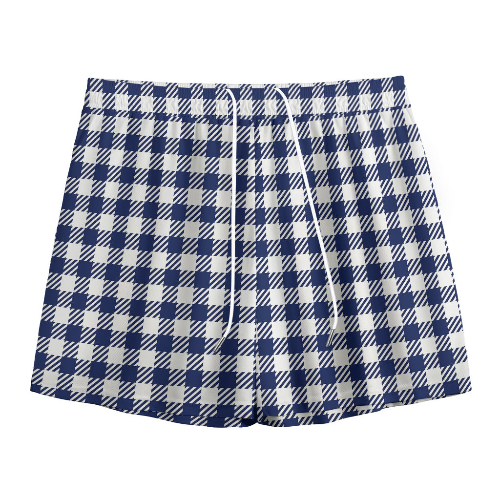 Navy And White Gingham Pattern Print Mesh Shorts