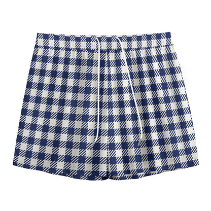 Navy And White Gingham Pattern Print Mesh Shorts
