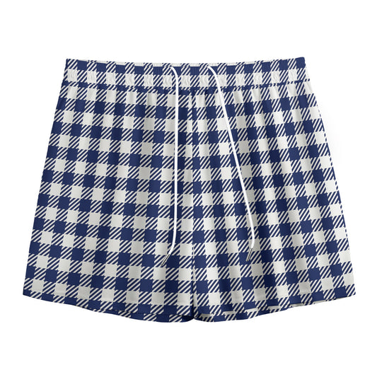 Navy And White Gingham Pattern Print Mesh Shorts