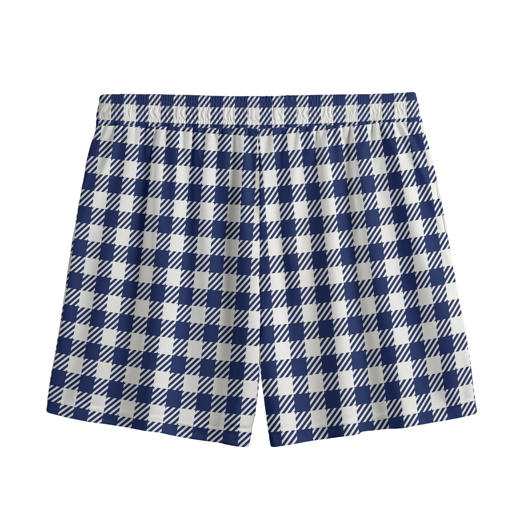 Navy And White Gingham Pattern Print Mesh Shorts