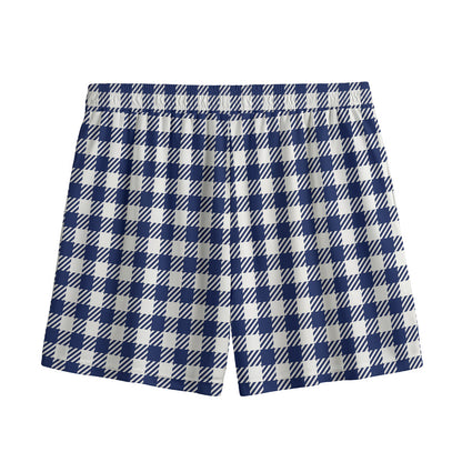 Navy And White Gingham Pattern Print Mesh Shorts