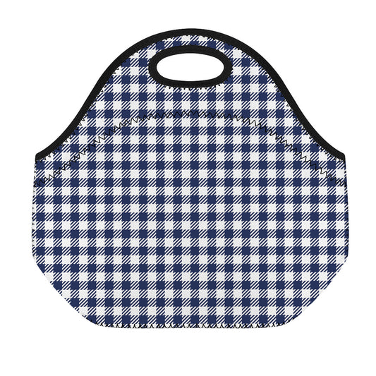 Navy And White Gingham Pattern Print Neoprene Lunch Bag