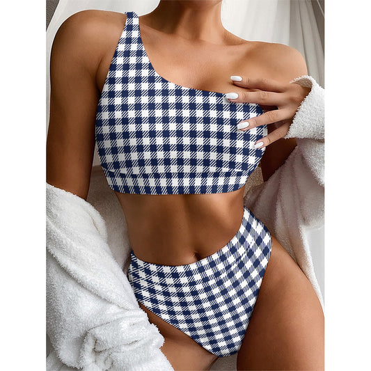 Navy And White Gingham Pattern Print One Shoulder Bikini Top