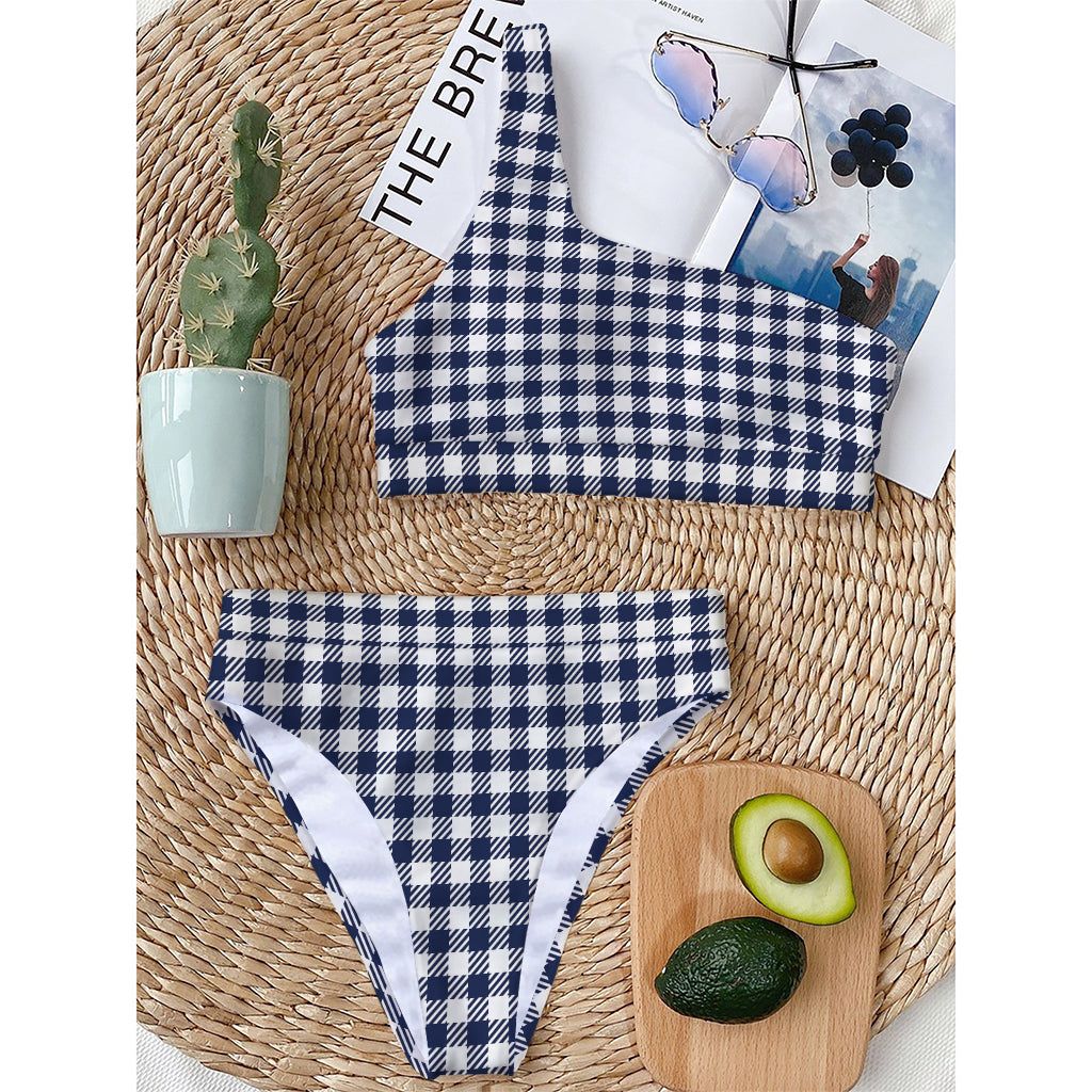 Navy And White Gingham Pattern Print One Shoulder Bikini Top
