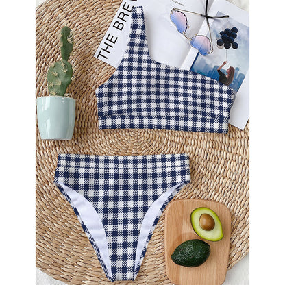 Navy And White Gingham Pattern Print One Shoulder Bikini Top