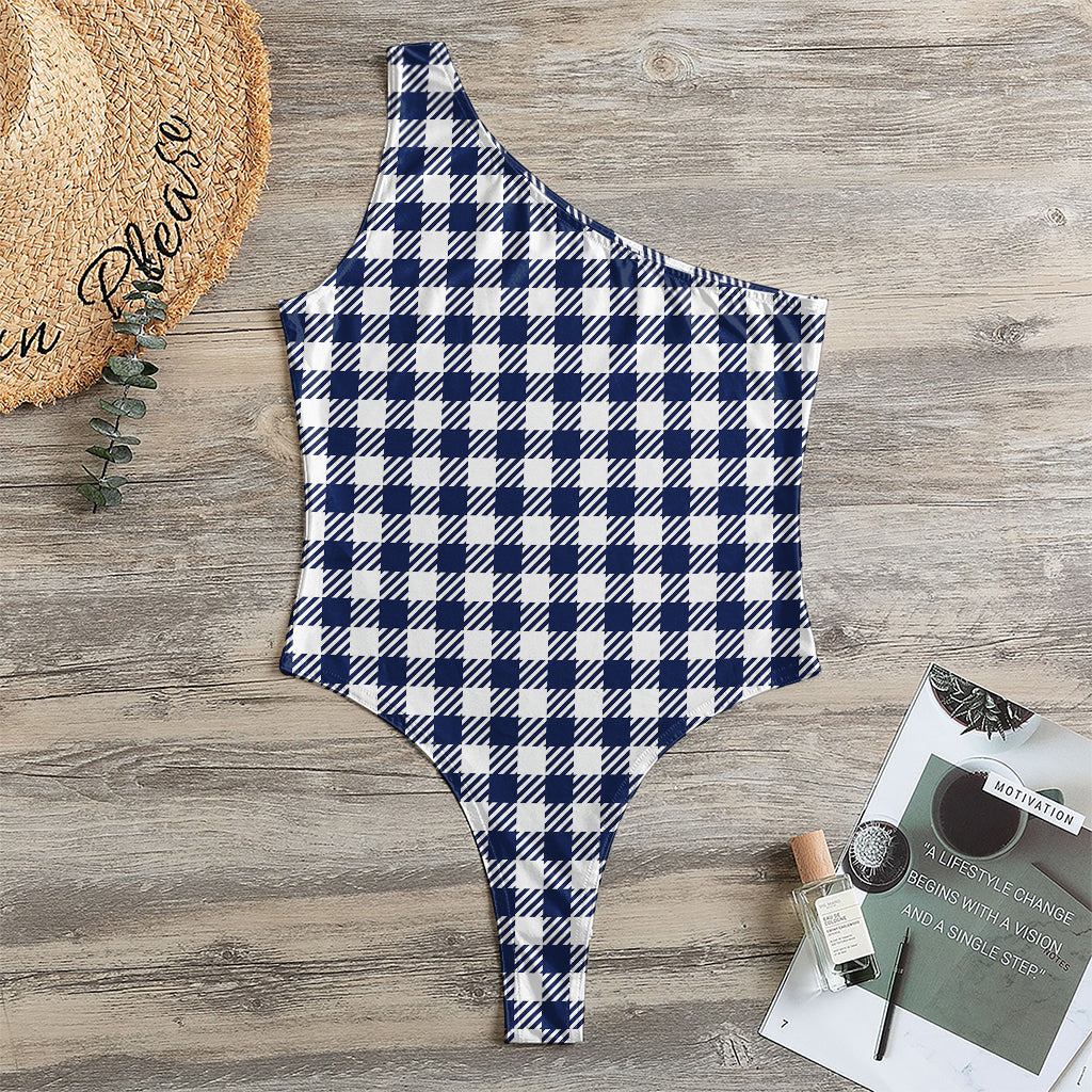 Navy And White Gingham Pattern Print One Shoulder Bodysuit