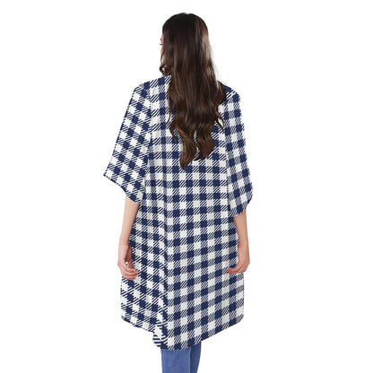 Navy And White Gingham Pattern Print Open Front Beach Cover Up