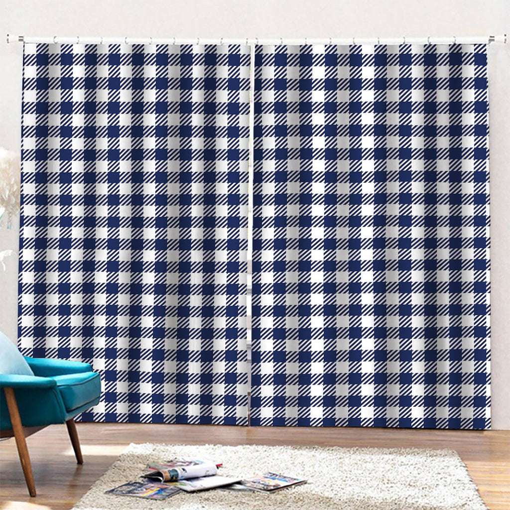 Navy And White Gingham Pattern Print Pencil Pleat Curtains