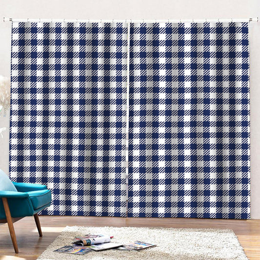 Navy And White Gingham Pattern Print Pencil Pleat Curtains