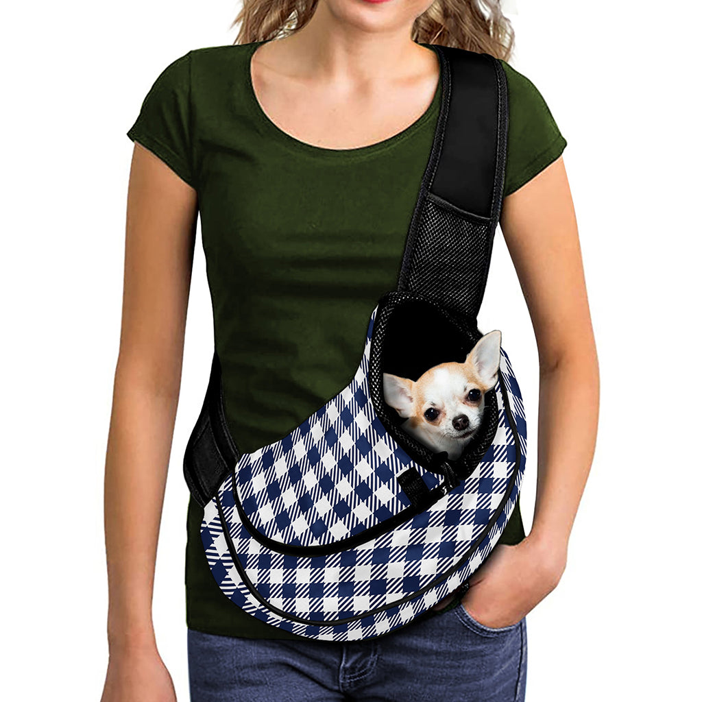 Navy And White Gingham Pattern Print Pet Sling Carrier