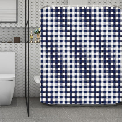 Navy And White Gingham Pattern Print Polyester Shower Curtain