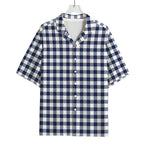 Navy And White Gingham Pattern Print Rayon Hawaiian Shirt