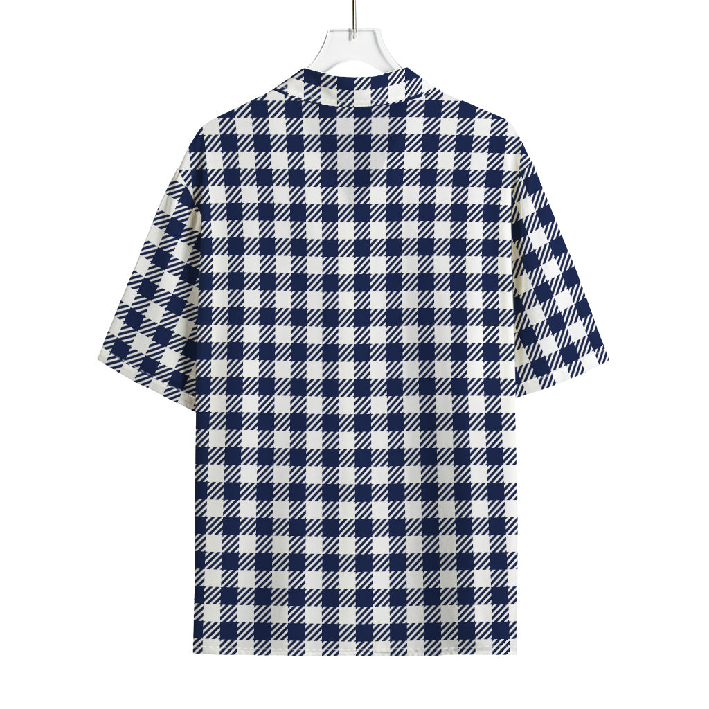 Navy And White Gingham Pattern Print Rayon Hawaiian Shirt