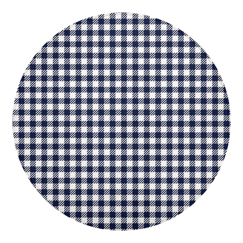 Navy And White Gingham Pattern Print Round Blanket