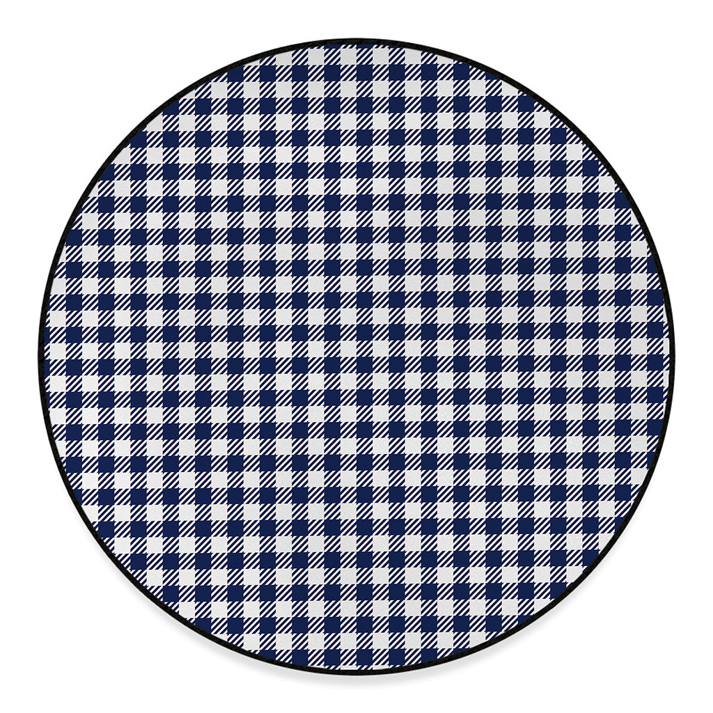 Navy And White Gingham Pattern Print Round Floor Mat