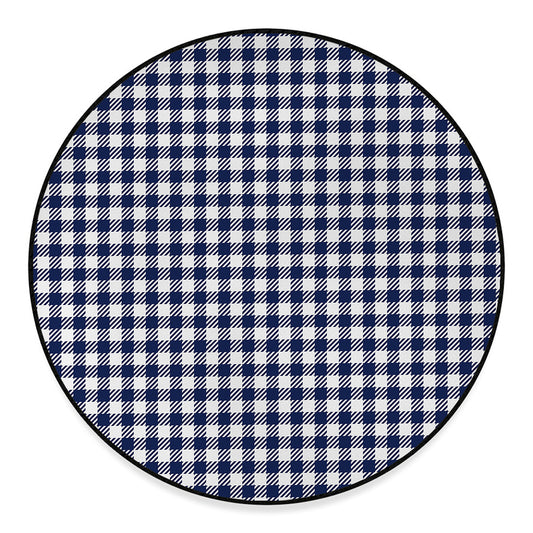 Navy And White Gingham Pattern Print Round Floor Mat