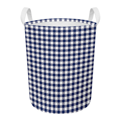 Navy And White Gingham Pattern Print Round Laundry Basket