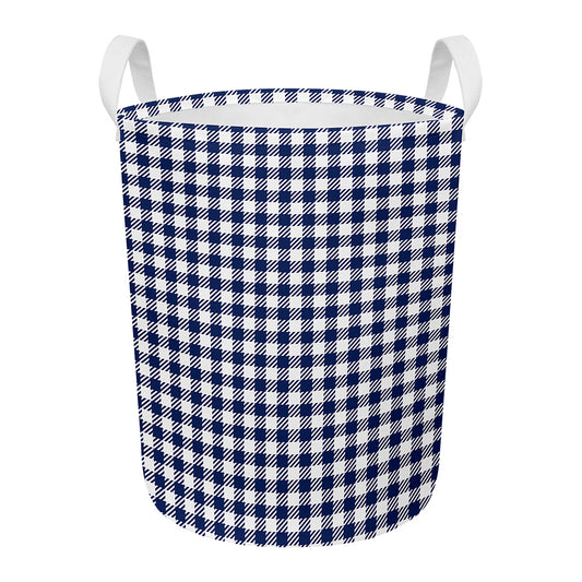 Navy And White Gingham Pattern Print Round Laundry Basket