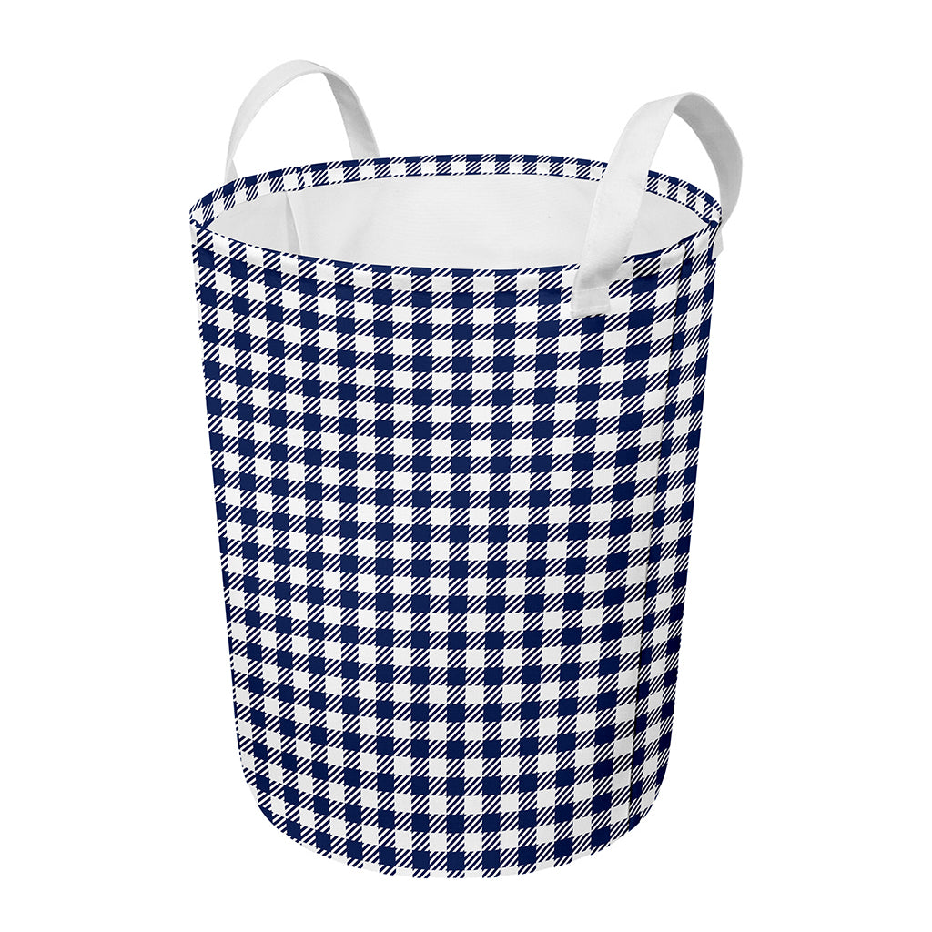 Navy And White Gingham Pattern Print Round Laundry Basket