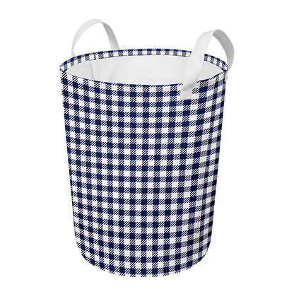 Navy And White Gingham Pattern Print Round Laundry Basket