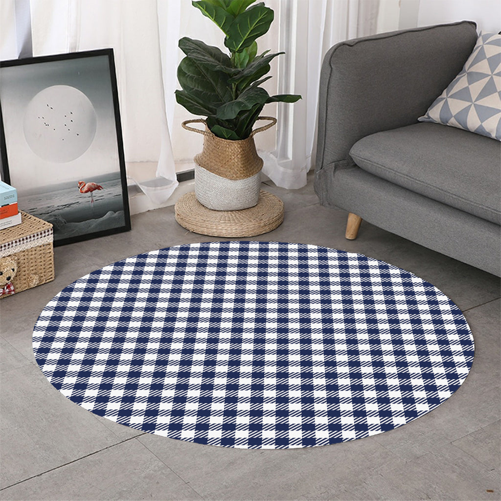 Navy And White Gingham Pattern Print Round Rug