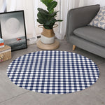 Navy And White Gingham Pattern Print Round Rug