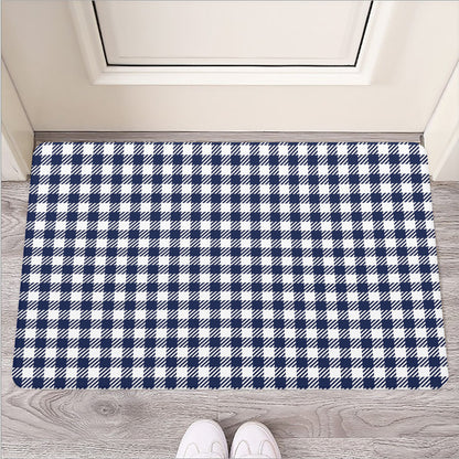 Navy And White Gingham Pattern Print Rubber Doormat