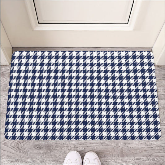 Navy And White Gingham Pattern Print Rubber Doormat