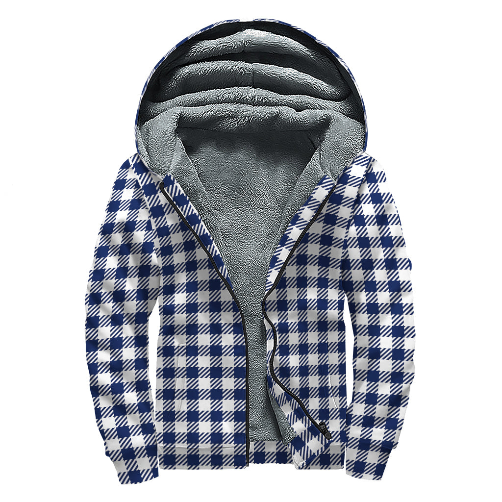 Navy And White Gingham Pattern Print Sherpa Lined Zip Up Hoodie