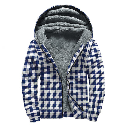 Navy And White Gingham Pattern Print Sherpa Lined Zip Up Hoodie