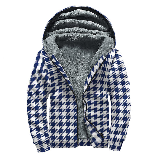 Navy And White Gingham Pattern Print Sherpa Lined Zip Up Hoodie