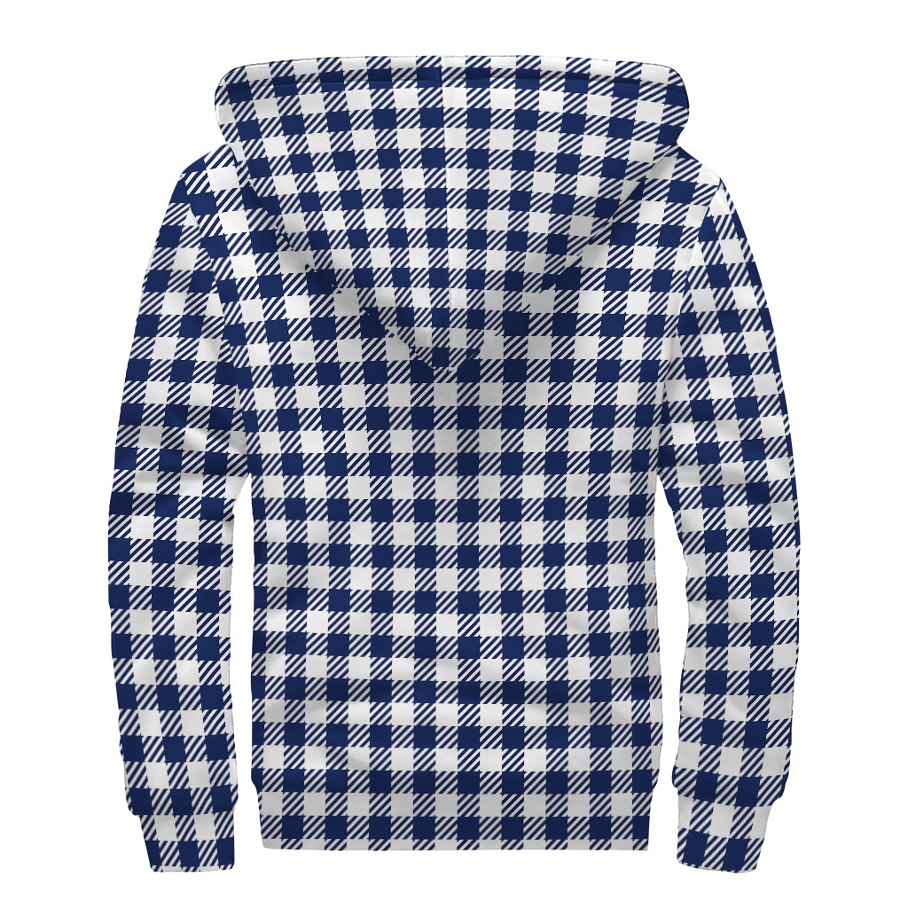 Navy And White Gingham Pattern Print Sherpa Lined Zip Up Hoodie