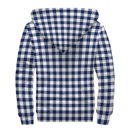 Navy And White Gingham Pattern Print Sherpa Lined Zip Up Hoodie