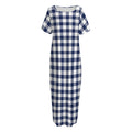 Navy And White Gingham Pattern Print Short Sleeve Long Nightdress